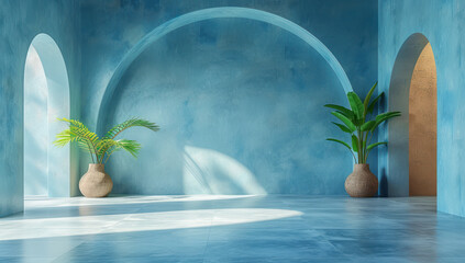 Fototapete - Large Product Presentation Room with Plants and Pedestal extreme closeup. Generative AI