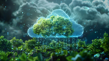 Photo realistic concept: Cloud based environmental impact assessments with digital information and green technology for sustainability and eco friendly practices