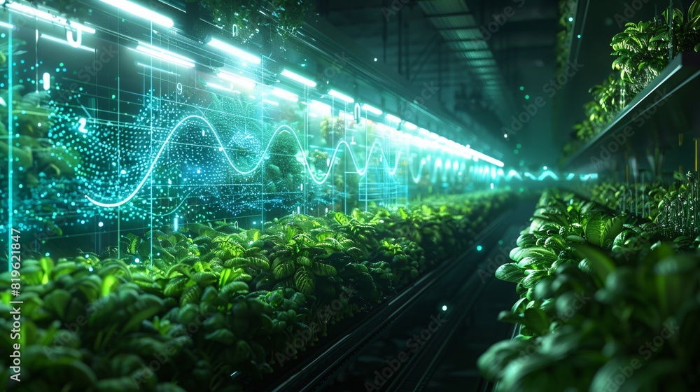 Futuristic vertical farm with LED lighting and digital technology ...