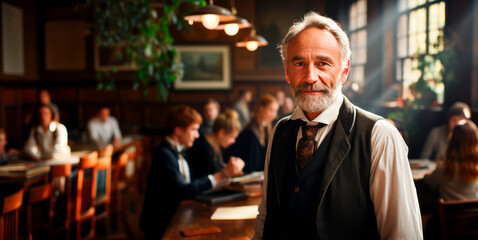 An elderly man smiling in an academic setting with students in the blurred background, conveying a concept of wisdom and education. Generative AI