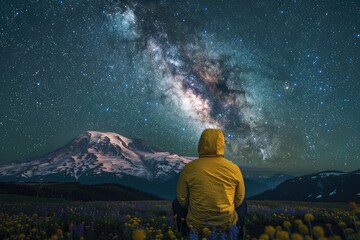 Amazing Background. A Man in Yellow Jacket Sitting on Chair Admiring Night Sky and Stars over Mt.