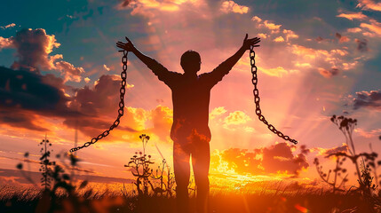 Silhouette of person breaking free from chains at sunset