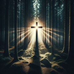 Wall Mural - A cross with rays shining on it, in the dark forest filled with pine trees, a realistic depiction of light