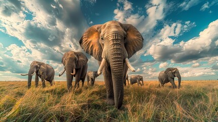 A group of elephants standing in a field with a cloudy sky in the background