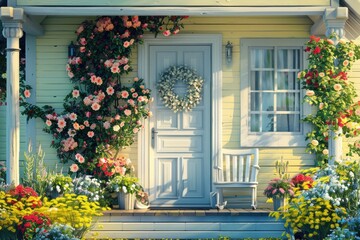 Flower House. Residential Home with Beautiful Front Porch and Flower Adorned Patio