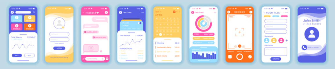 Smartphone screen. Phone application interface. Camera photo icon. App setting. Cellphone call and message. Account login. Planner calendar. Mobile finance dashboard. Vector garish UI templates set