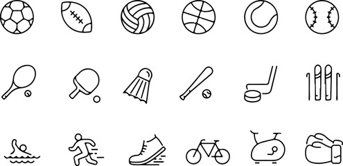 Pixel perfect icon set of sports soccer football basketball volleyball golf gym skiing boxing tennis. Thin line icons flat vector illustrations editable stroke isolated on transparent background
