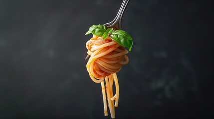 Close-up of a fork twirling spaghetti with marinara sauce, highlighted by basil.