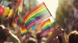 Fototapeta Londyn - Rainbow colors, new LGBT progress flag, waving on blue sky background, ai generative