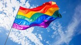 Fototapeta Londyn - Rainbow colors, new LGBT progress flag, waving on blue sky background, ai generative