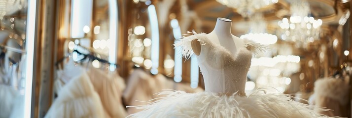 Sticker - A white dress with feathers on it is displayed in a store