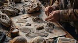 Fototapeta  - Methodically documenting their findings, a paleontologist meticulously measures and records fossil specimens, contributing to our understanding of Earth's rich history.