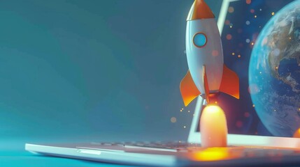 Wall Mural - Rocket Launching from Laptop Screen on Blue Background