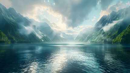 Wall Mural - Unseen Fjords in New Zealand: Explore Dramatic Landscapes  Pristine Waters for an Unforgettable Adventure   Photo Stock Concept Capturing the Beauty  Tranquility of Hidden Gems