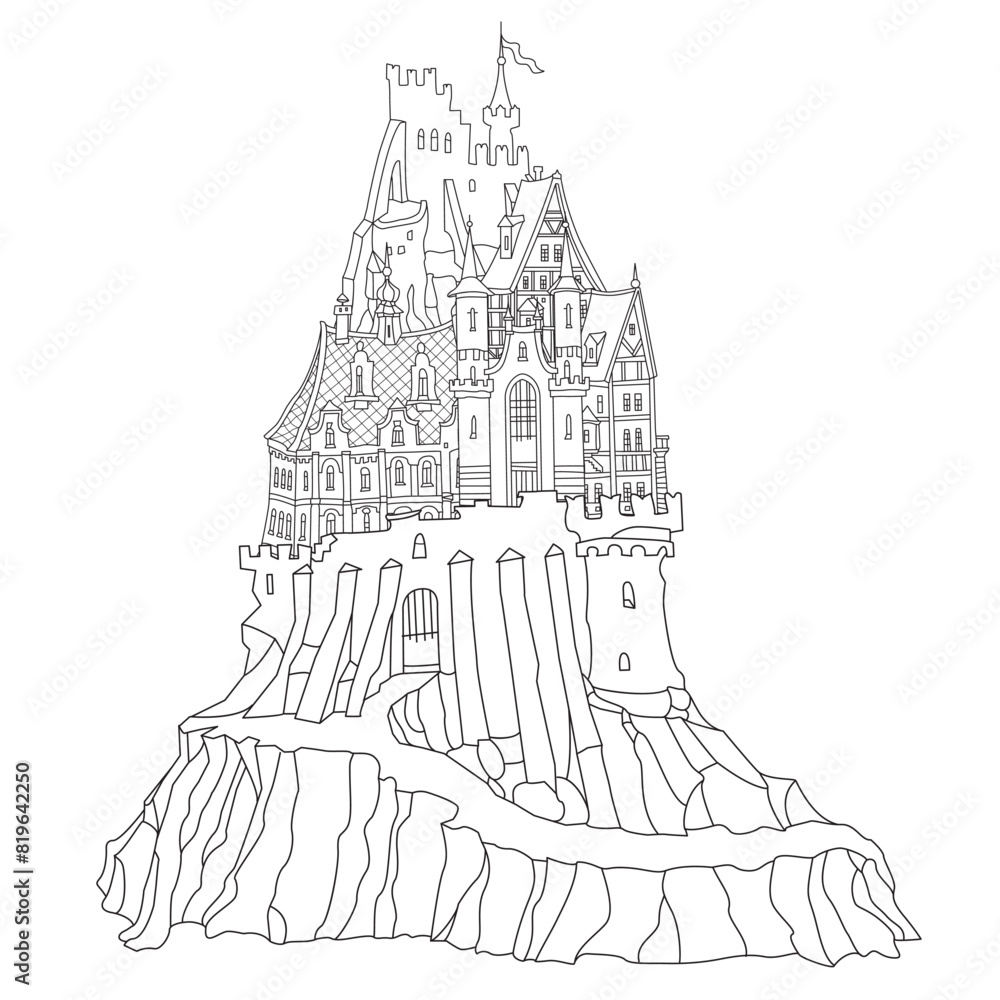 Fairy tale castle on a hill. Hand drawn black and white sketch for ...