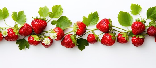 Poster - Fresh strawberries with vibrant green leaves arranged on a clean white surface creating a visually appealing copy space image