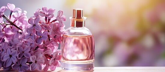 Poster - Beauty oil bottle with lilac flowers focusing on the copy space image