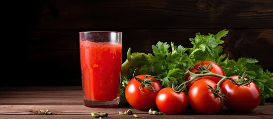 Sticker - Healthy diet food option A tall glass of fresh tomato juice displayed on an aged wooden surface with a rustic aesthetic providing ample copy space image