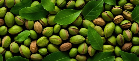 Wall Mural - closeup of a vibrant green pattern composed of filbert nuts and leaves perfect for a copy space imag