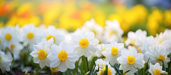 Garden filled with vibrant yellow and white blooming flowers in a close up copy space image