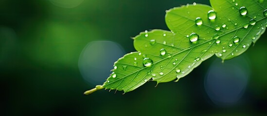 Wall Mural - A verdant leaf adorned with glistening water droplets against a backdrop of nature with copy space image