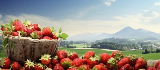 Wall Mural - Collecting ripe strawberries in the countryside with plenty of copy space image