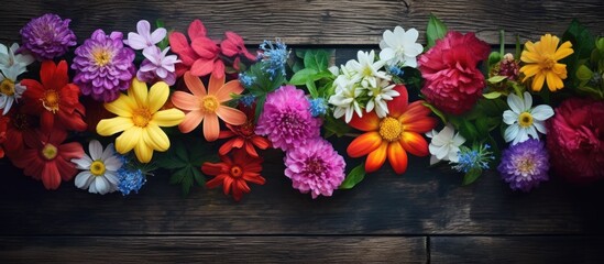 Poster - Top down view of garden flowers against a wooden backdrop with ample copy space image available