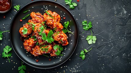 Wall Mural - An overhead shot capturing the vibrant colors of spicy Korean fried chicken tenders served on a sleek black plate, garnished with fresh cilantro leaves