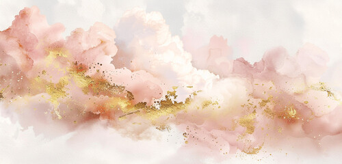 Sticker - Serene blush & gold watercolor clouds move gracefully on wide white backdrop.