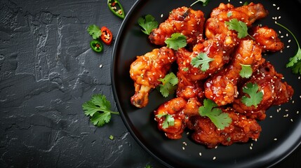 Wall Mural - An overhead shot capturing the vibrant colors of spicy Korean fried chicken tenders served on a sleek black plate, garnished with fresh cilantro leaves