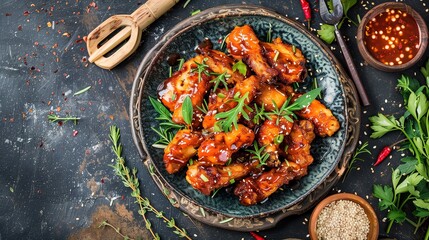 Wall Mural - An overhead view of a meticulously plated serving of spicy Korean fried chicken tenders, adorned with a generous drizzle of chili sauce, set against a backdrop of rustic kitchen utensils and herbs