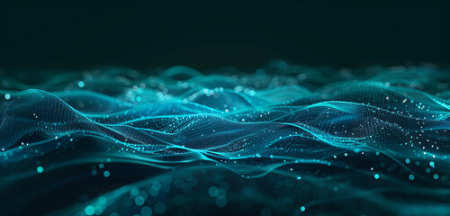 Wall Mural - Ocean blue glowing particle wave on dark widescreen.