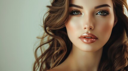 Wall Mural - radiant and refined, a young woman with brown hair and exquisite evening makeup looks directly at th