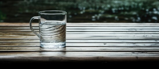 Canvas Print - Cup filled with water placed on a wooden surface with a blank space for an image. Copy space image. Place for adding text and design