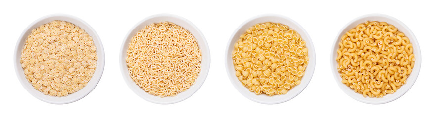 Wall Mural - Pastina variants, Italian soup pasta, in white bowls. Uncooked tiny minute pasta, made of durum wheat semolina. From left to right stelle or stelline, alfabeto, perline or conchiglie, and gramigna.