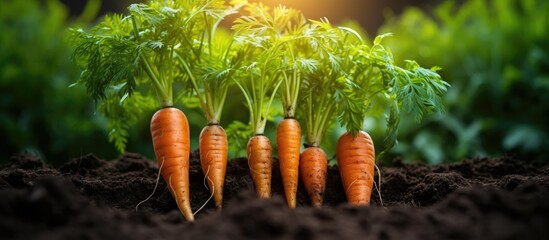 Poster - A close up image of carrots growing in a vegetable garden with copy space