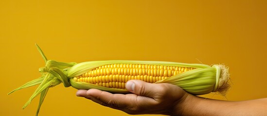 Sticker - A hand holding fresh ears of sweet corn with a copy space image