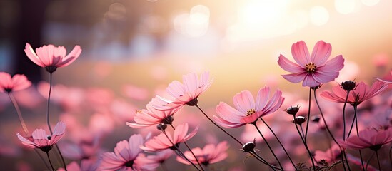 Wall Mural - Beautiful pink flowers blooming in the garden with a serene background providing copy space for an image