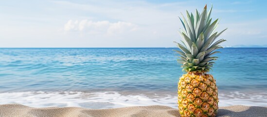 Wall Mural - Fresh pineapple resting on the sandy beach against an ocean backdrop providing the perfect copy space image