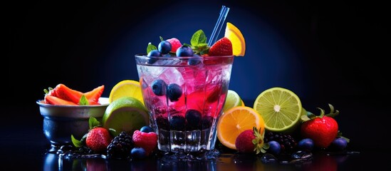 Canvas Print - Tasty mixed drink featuring fresh fruits and alcohol displayed in a copy space image