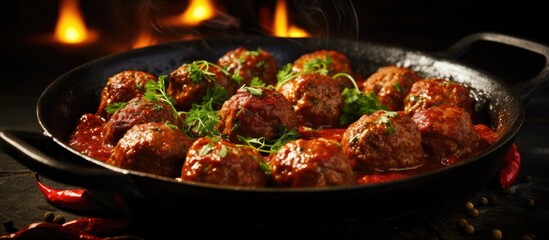 Canvas Print - Delicious beef meatballs served at the restaurant with a COMPRESS copy space image