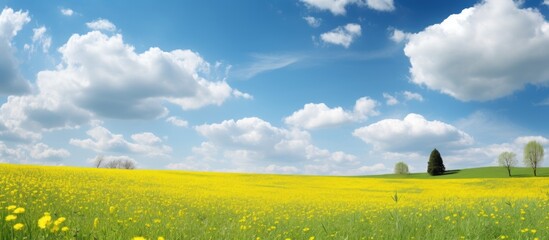 Summer spring landscape of a scenic meadow with vibrant grass yellow dandelions under a soft blue sky filled with fluffy clouds providing copy space image