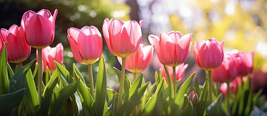 Wall Mural - Four pink red tulips with green leaves bloom in a garden bed on a sunny spring day creating a beautiful copy space image