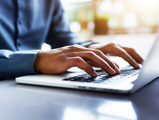 Wall Mural - Close-up of hands typing on a laptop, workplace concept, blurred office background. Generative AI