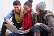 © peopleimages.com - Education, university and students with laptop on campus for communication, learning or knowledge. Smile, diversity and friends with technology for assignment, study group or people search internet
