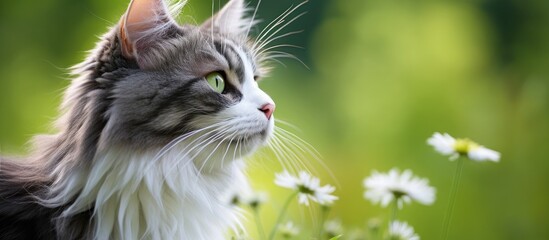 Wall Mural - A lovely gray and white cat with striking green eyes poses in a summer garden gazing contemplatively into the distance against a green background with copy space image