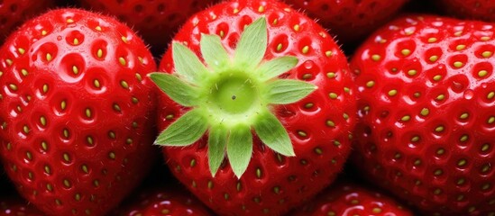 Sticker - Macro view of the abstract natural texture of a ripe strawberry on a bush in the garden depicting summer and spring concepts with a beautiful nature background ideal for copy space image