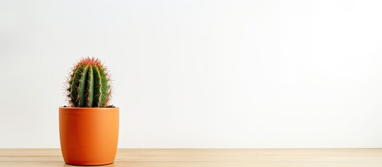 Canvas Print - Isolated cactus in a small pot on a white background featuring copy space image