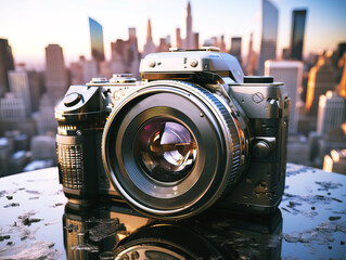 Canvas Print - Vintage camera on a reflective surface with cityscape background, concept of photography. Generative AI