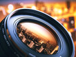 © Who is Danny - Close-up of a camera lens with a cityscape reflected in it, vibrant, on a blurred urban background, concept of photography. Generative AI